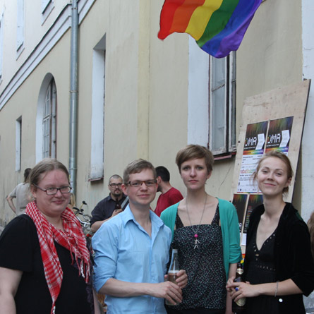 Group portrait from the opening reception of 'Family', a queer art show, Tallin, Estonia